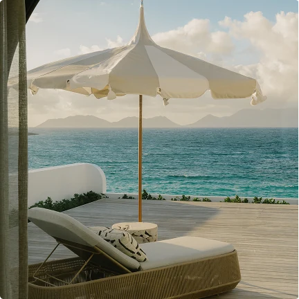 Poolside umbrellas at a grand resort